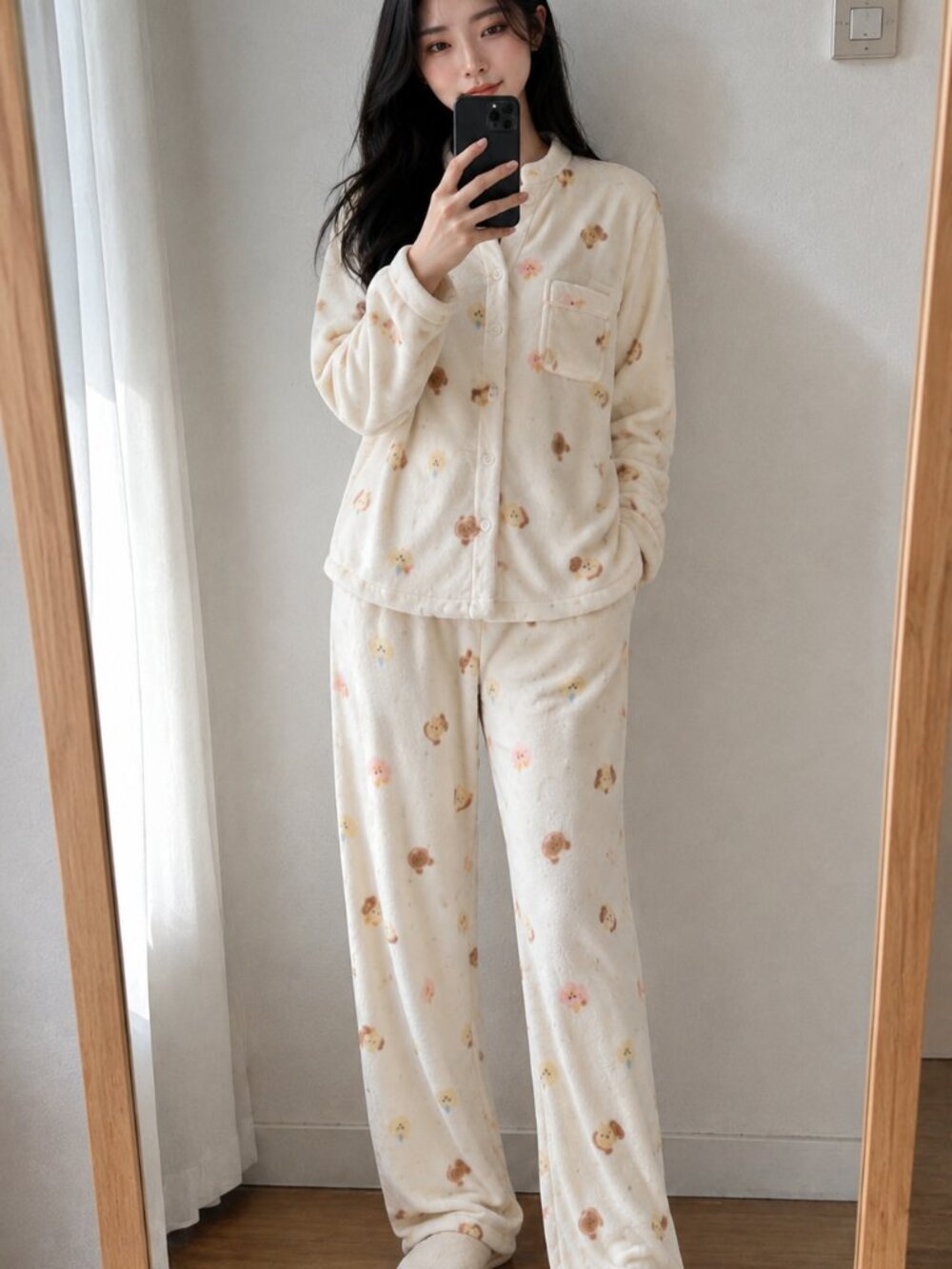 Plush Teddy Print Pajama Set Cream Soft Girl Loungewear M